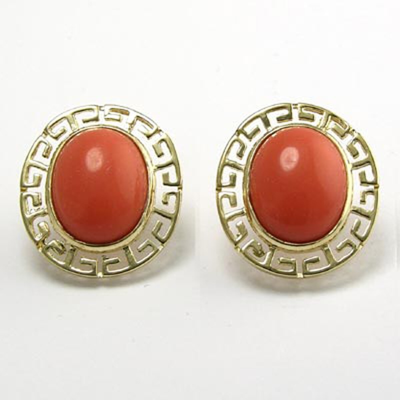 Solid Yellow Gold Oval Coral Greek Key Earrings #E957 10K