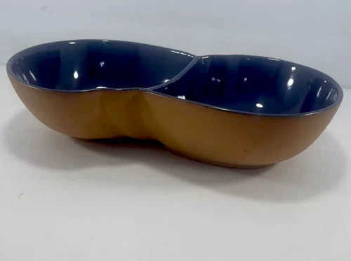 Vintage Frankoma Terracotta & Blue Pottery 4QD Divided Bowl Oklahoma Art/kitchen