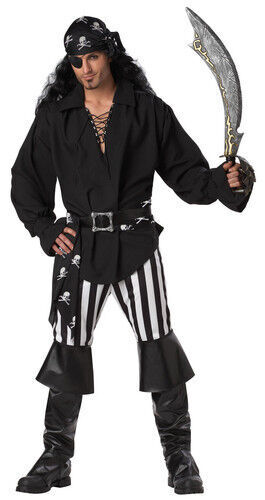 ADULT MALE MENS BLACK LONG CURLY PIRATE CAPTAIN HOOK COSTUME WIG W/  MOUSTACHE 91346249321