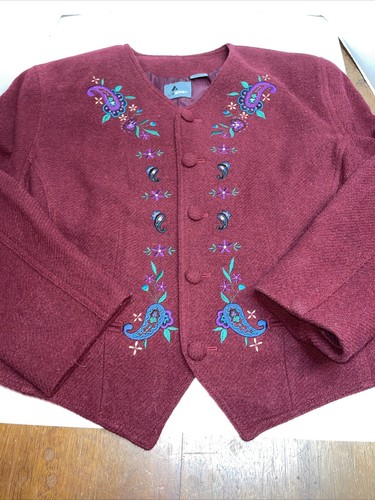 Vintage Liz Wear Burgunder Blazer Jacke Blumenmuster Größe 14
