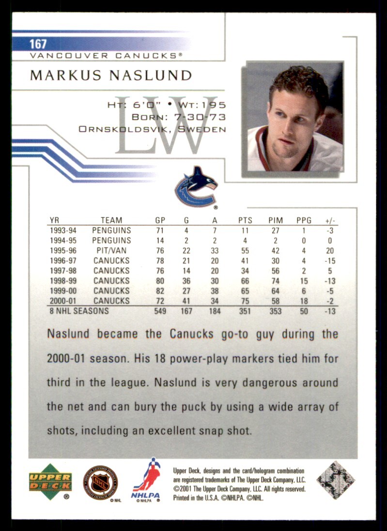2001-02 Upper Deck Markus Naslund Vancouver Canucks #167 | eBay