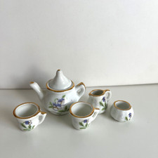 Vintage Delton Doll Size Tea Set Cup Sugar Creamer Pot Pansy Flower Purple White