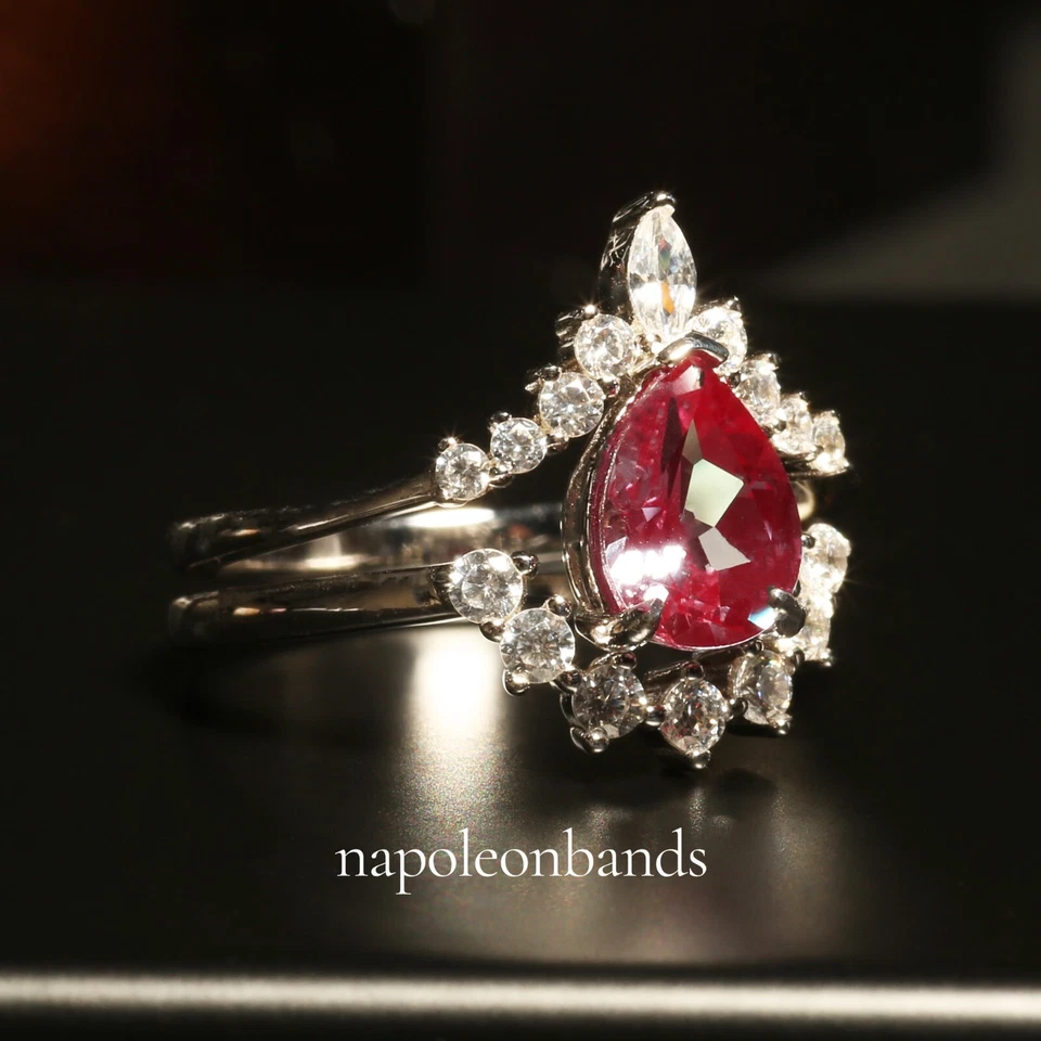 Ruby and Alexandrite Stone Couple Ring Set, Red Wedding Band, Comfort Fit - Image 3 of 4
