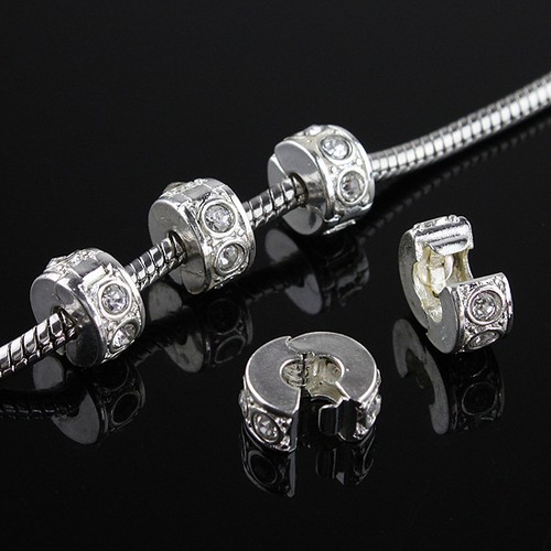 5pcs Czech Crystal Rhinestone Silver European Charm Beads Locks Clips Stoppers - Picture 6 of 43