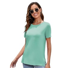 Women  s Basic T-Shirt Casual Round Neck Short Sleeve Loose Fit High-Low Hem