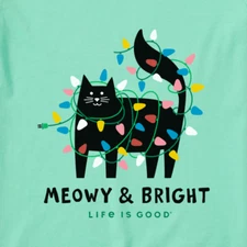 NWT Women's Life is Good Meowy & Bright Christmas Lights Cat Green LS Crusher V