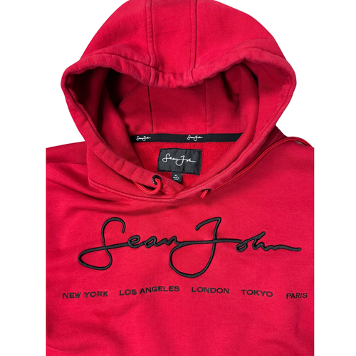 Sean John Hoodie Men Sweatshirt Fleece City Script Spell Grunge Skate Y2K XL Red - Picture 8 of 9