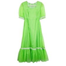 Vintage Handmade Womens Prairie Maxi Dress Small Swiss Dot 60s 70s Tiered Ruffle