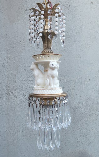2 Applique Bianco Royal Kitty Gatto Ottone Lampada Vintage Porcellana Cristallo Prismi Perline - Foto 4 di 14
