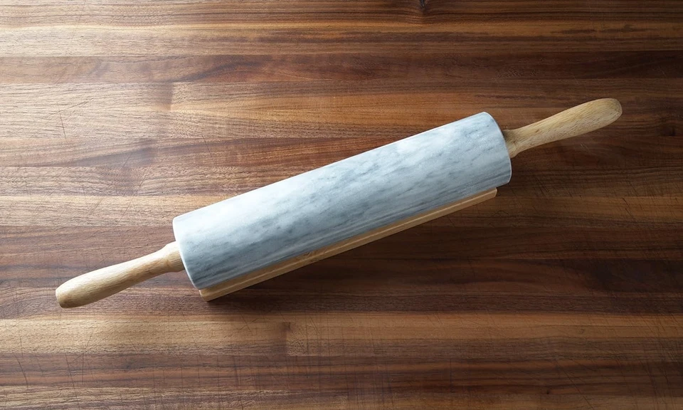 Fox Run Polished Marble Rolling Pin with Wooden Cradle, 10-Inch Barrel, White - Image 3 of 4