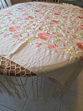 Antique Silk Beige/Ecru Piano Scarf Pink Embroidery Flowers 46x50" 17" Fringe
