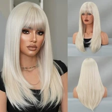 60cm Ladies With Beige Long Hair Bangs Straight Hair Layered Wig