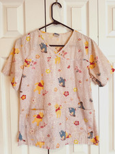 Disney Pooh Piglet Eeyore Floral Scrub Top Shirt V-Neck Women's Size Small