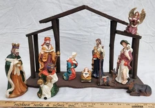 Vintage Christmas Nativity Set 11 pc. Ceramic Figures Plus Wooden Stable Manger