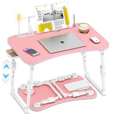 Pink Adjustable Height Laptop Bed Table Storage Drawer Tablet Slot Cup