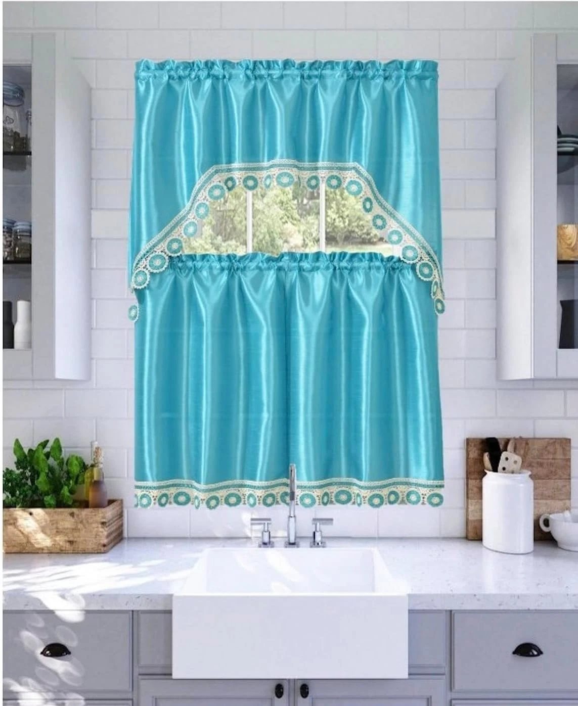 YHSF Kitchen Curtain Set 3PCS Tier Curtains with Valance Set for Kitchen Window