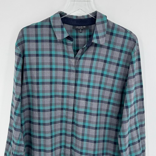 Camicia Lafayette 148 M plaid abbottonata 100% cotone leggero verde grigio top - Foto 2 di 9