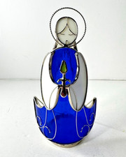 Vintage Blue  White Stained Glass Angel Votive CANDLE HOLDER Tea Light