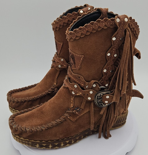 CAMUZARES Brown W/7 Suede *El Vaquero* Fringe Wedge Heel Ankle Studded Moccasin - Image 1