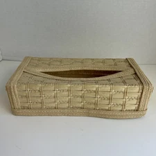 Vintage 70s Bamboo Rattan Tissue Box Cover Holder Boho Bathroom 10" X 5 ”