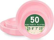 50 Pink Party Plates: Includes 9" Dinner  7" Dessert Plastic Plates