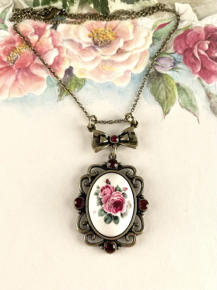 Collar Victoriano Art Deco Estilo Rojo Rosa Floral Bronce Joyería de Moda Foto 2 de 4