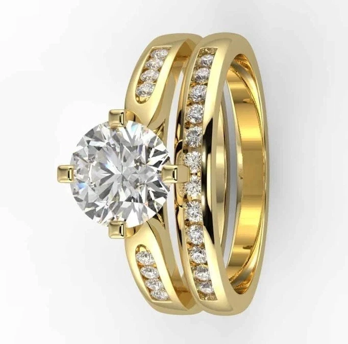 14k Yellow Gold Plated 2.00CTW Round Lab-Created Diamond Wedding Ring & Band Set - Image 2 of 4