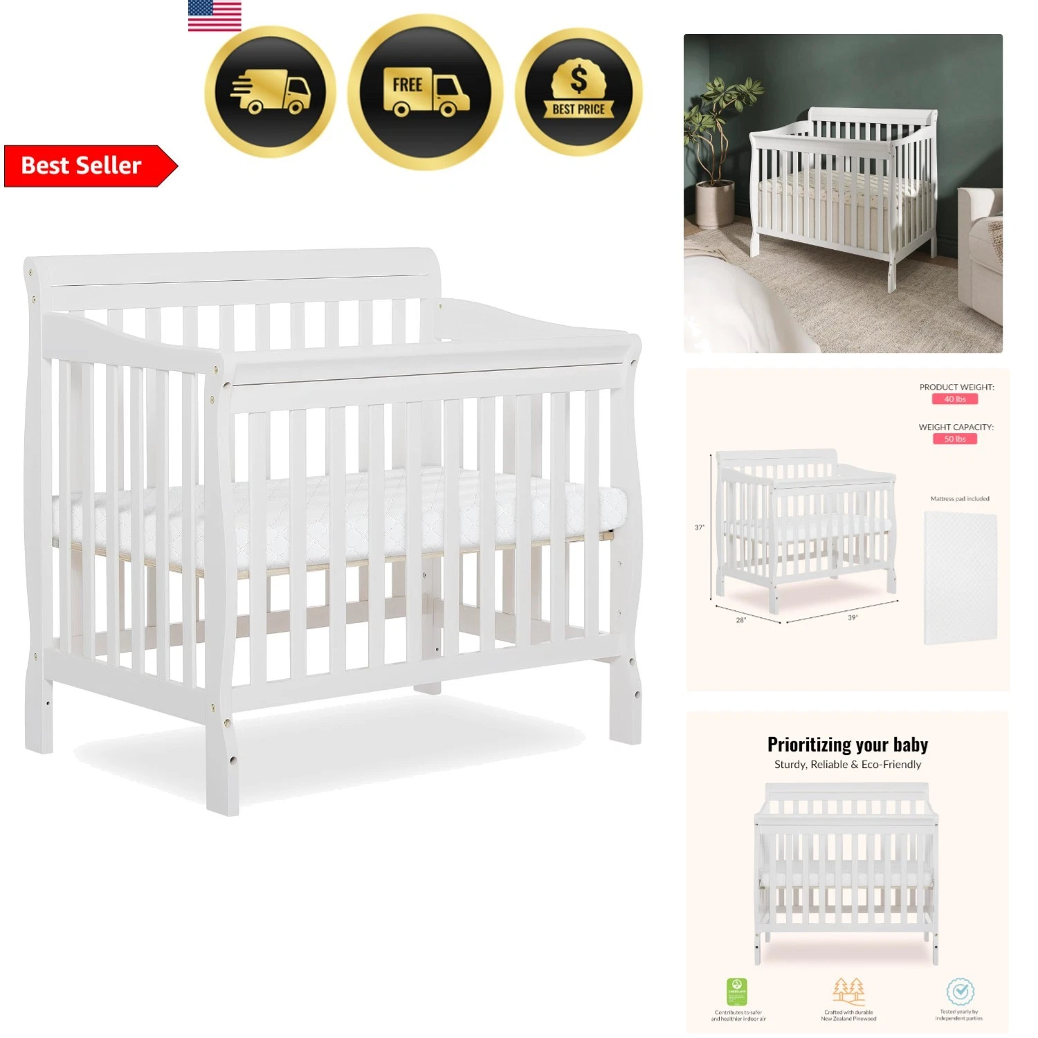 Mini Baby Crib Convertible Space Saver Safe Nursery Bed Adjustable Mattress