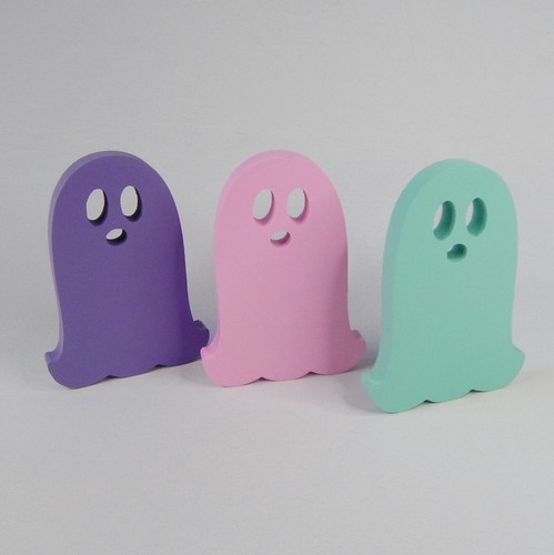 Set 3 Halloween Wood Ghosts 6" Pink Purple Aqua Tiered Tray Mantle Decor Shelf - Picture 3 of 11