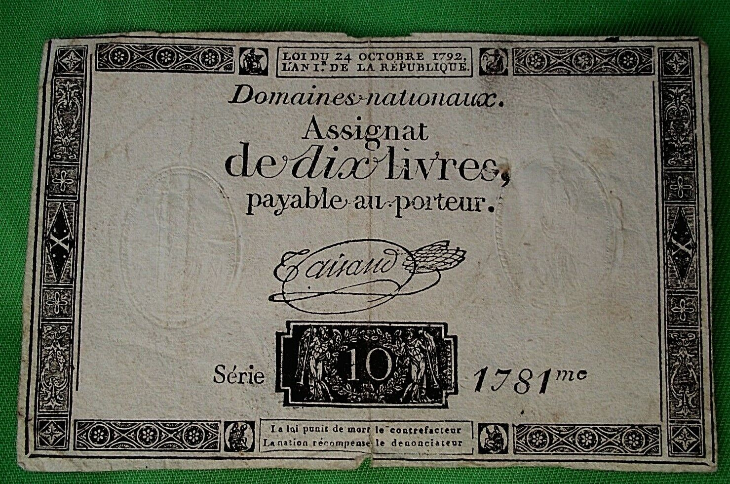 1792 EARLY FRANCE 10 LIVRES -DOMAINES Los 5 ☆ popular Angeles Mall NATIO BANKNOTE ASSIGNATS