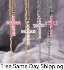 Gold, Silver Plated Cross With Cubic Zirconia, Rolo Chain Unisex Gift