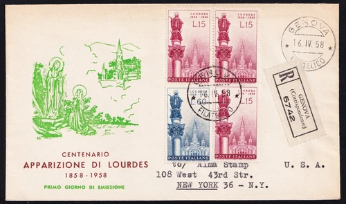 ITALY . 1958 Shrine at Lourdes (739-740)  . First Day Cover