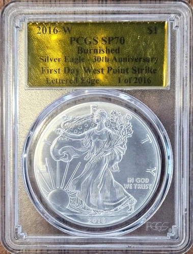 2016-W Burnished Silver Eagle PCGS SP70 First Day West Point Gold Foil Label B-3