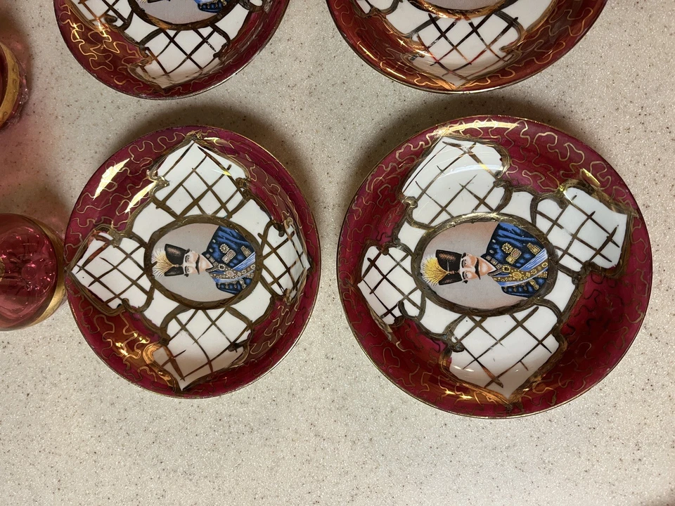 6 Antique Gold Gilded Cranberry Glasses & Saucers Naser al-Din Shah of Qajar - Image 3 of 4