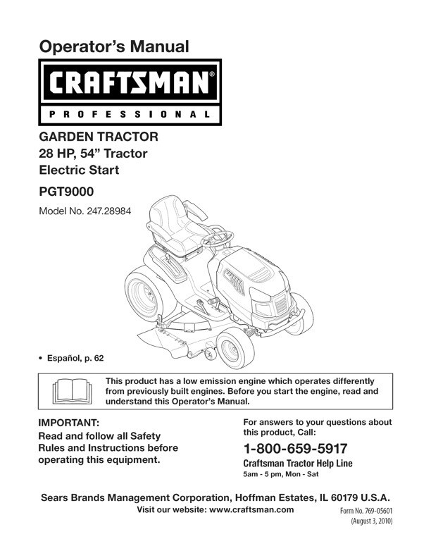 Owner's Manual Sears Craftsman HP Lawn Tractor 54” Mower
