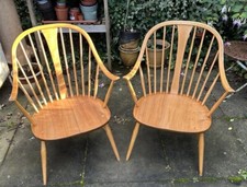 Pair Rare Vintage Ercol Model 514 Dining Height Cowhorn Style Chairs (6 Avail)