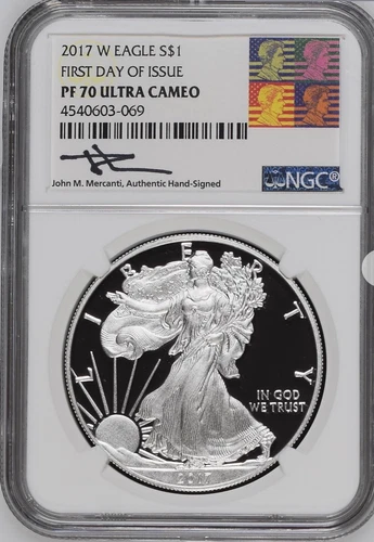 2017 W PROOF SILVER EAGLE NGC PF70 FIRST DAY OF ISSUE MERCANTI SIGNED