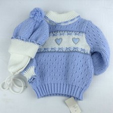 Vintage 80s 90s NOS Sweater  Hat Set Blue Hearts 12 Months NWT Baby Togs