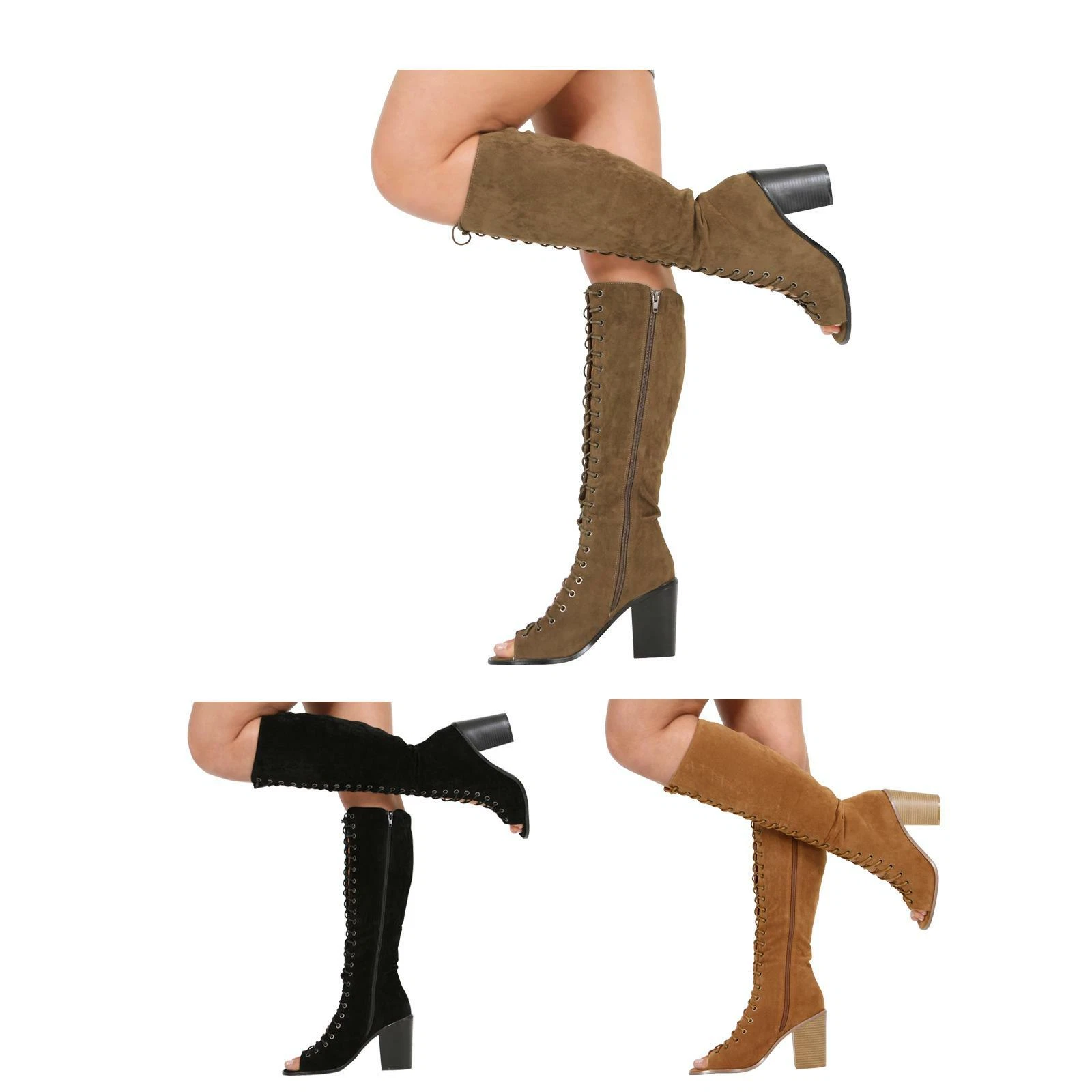 Womens Knee High Boots Ladies Lace Zip Up Peep Toe Block Heels Mid Calf Shoes