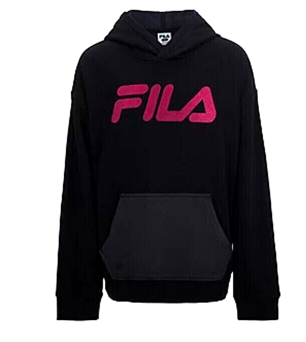 FILA Pullover foderato in pile felpa con cappuccio nero carbone lampone $60 nuovo con etichette