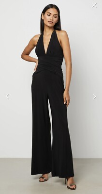 BCBG Black Navy V-neck Romper Jumpsuit Women M Maxi Jersey