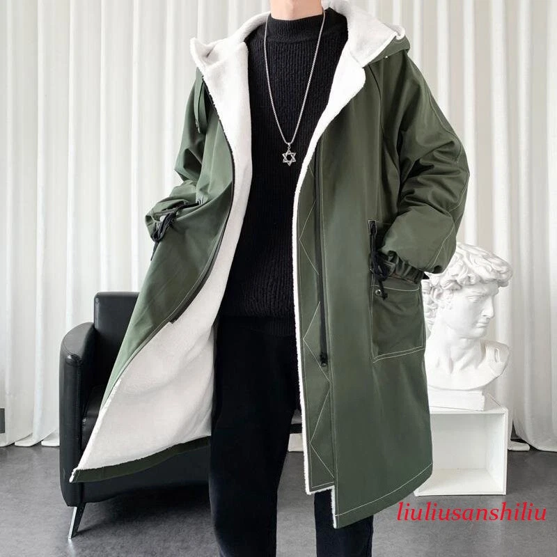 Lamb Velvet Windbreaker Jackets Men's Winter Fleece Cotton Coats Long Parka