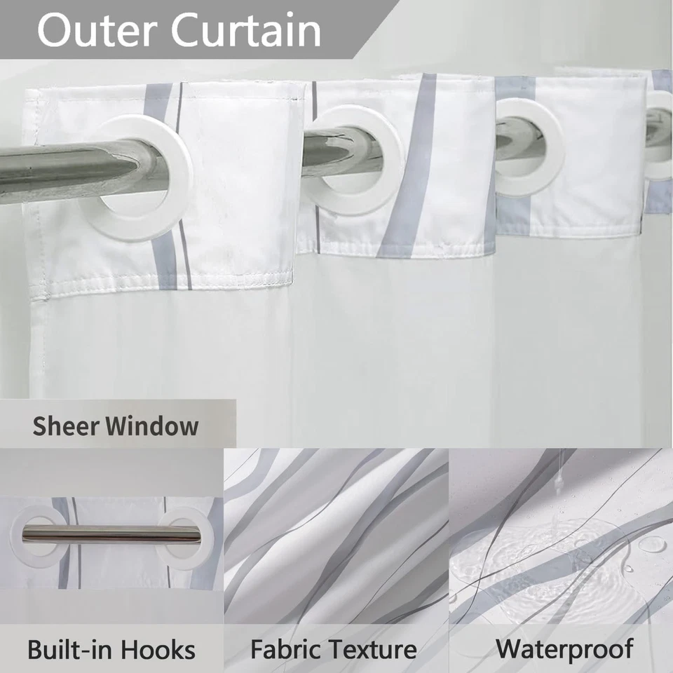 Cortina de Ducha Sin Gancho con Juego de Forro a Presión, Diseño a Rayas Grises y Blancas,... Foto 4 de 4