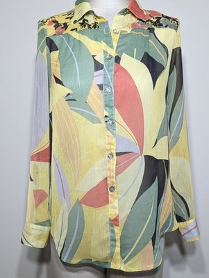 Figueroa & Flower Anthro PS Petite Abstract Leaf Blouse Sheer Button Front Top