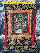 Tibetan Buddhist Thangka Painting of Mahakala w/ Silk Brocade Hanging Scroll