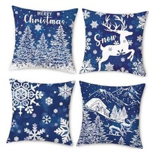 Blue Christmas Pillow Covers 18x18 Inch Set of 4, Snowflakes Winter Blue Night