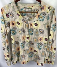 Esprit Women’s 12 Beige Floral Long Sleeve Button-Down Shirt Lightweight Cotton