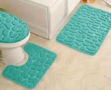 3pcs Teal Bathroom Mat Set with a Gift