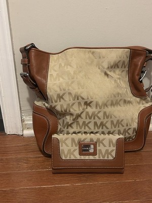 Michael Kors Logo Shoulder Bag with Brown Trim & Wallet, Silver Hardware