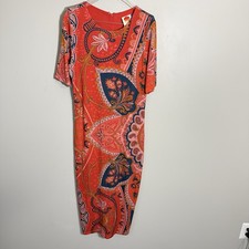 Farm Rio Midi Dress Bodycon Giannina Knit Paisley Size L Orange Blue Stretch